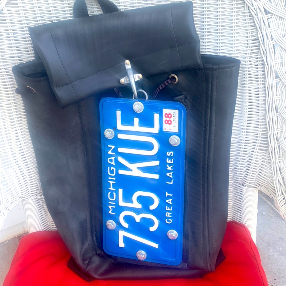 Vintage leather license plate back pack
